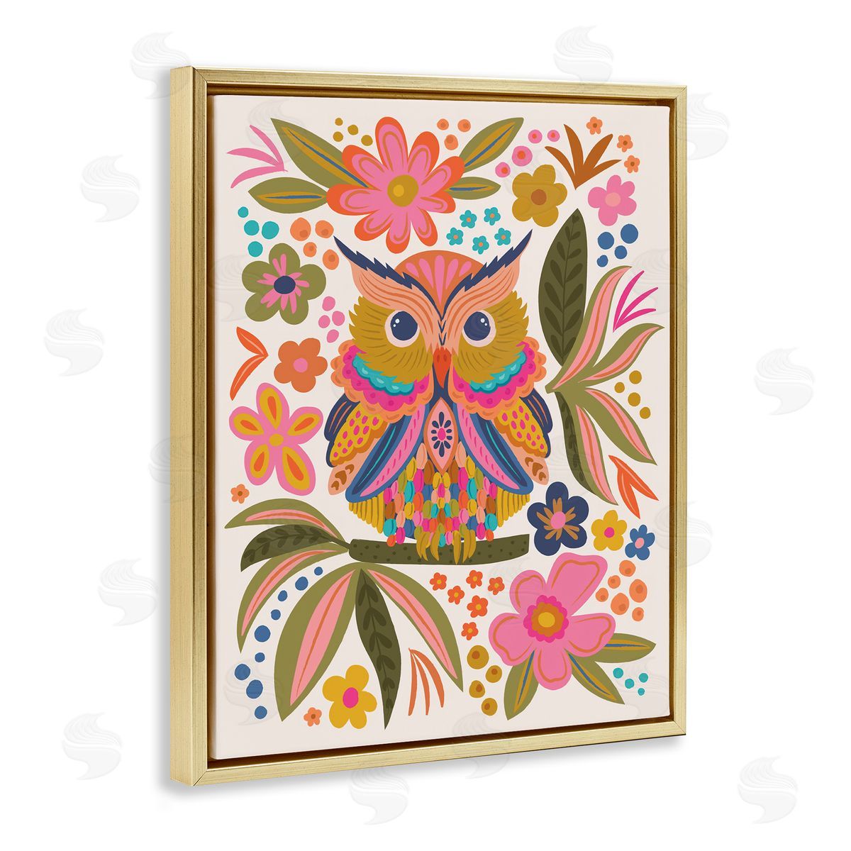Lisa Perry Whitebutton Eclectic Owl & Flowers Gold Floating Frame Canvas Wall Art Print
