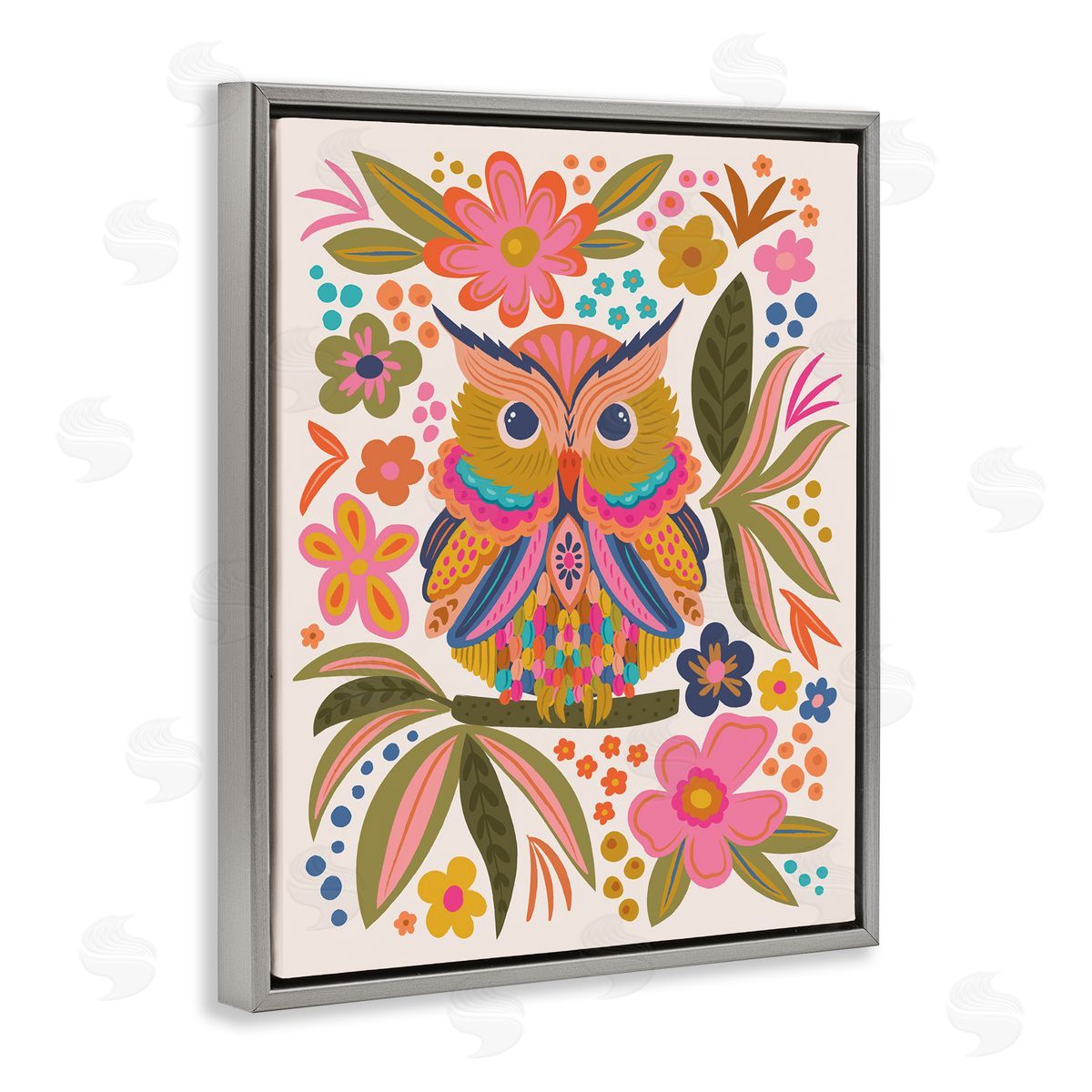 Lisa Perry Whitebutton Eclectic Owl & Flowers Gray Floating Frame Canvas Wall Art Print