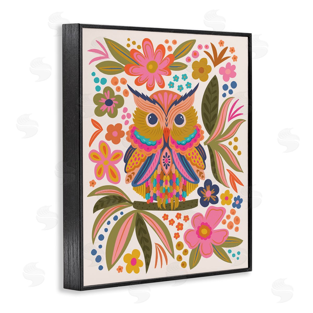 Lisa Perry Whitebutton Eclectic Owl & Flowers Black Framed Giclee Wall Art Print
