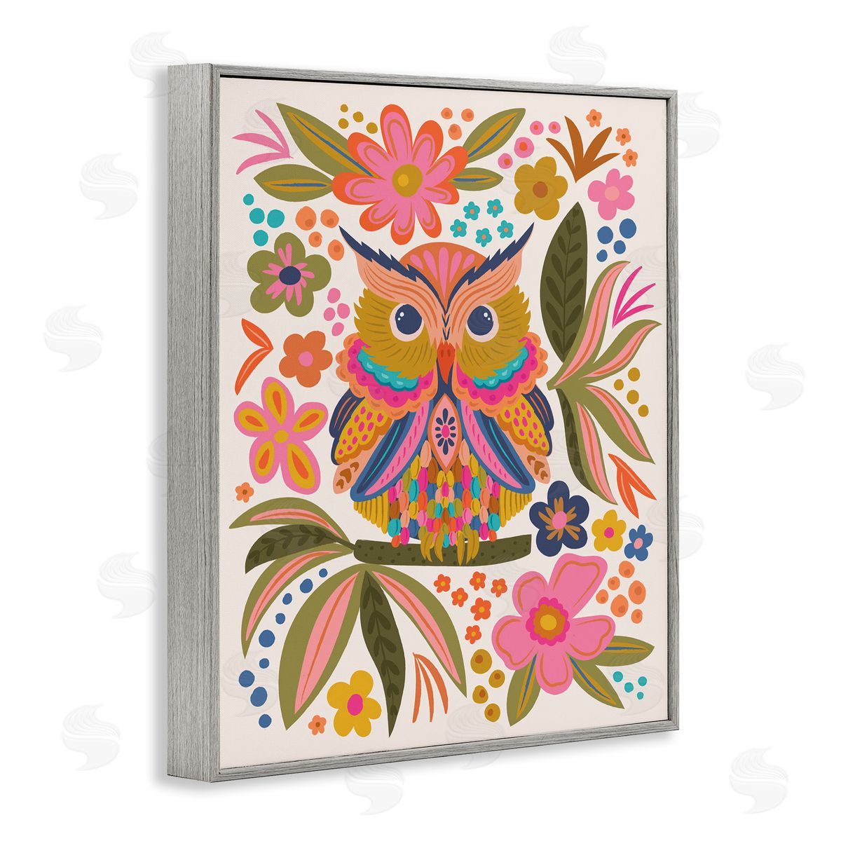 Lisa Perry Whitebutton Eclectic Owl & Flowers Gray Framed Giclee Wall Art Print