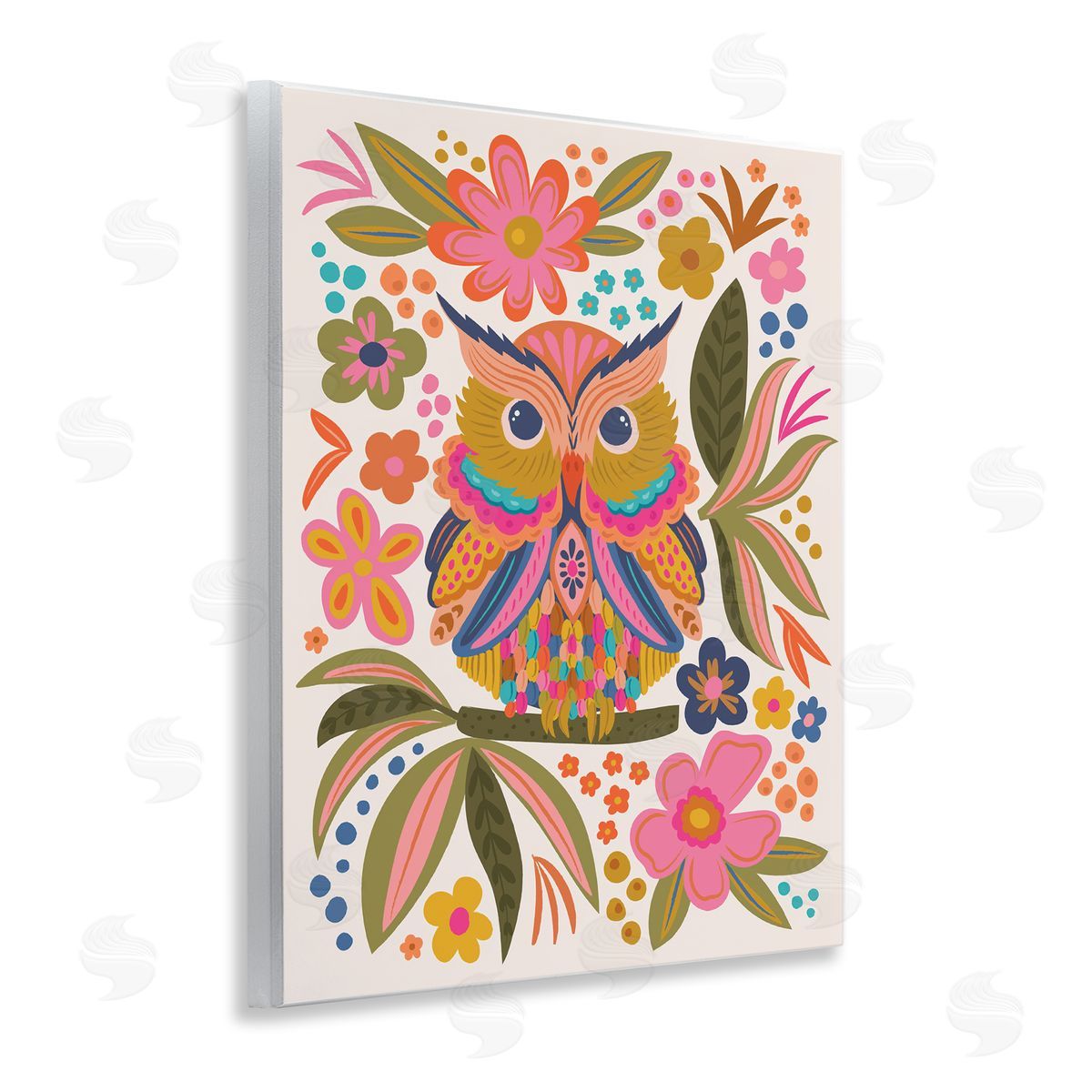 Lisa Perry Whitebutton Eclectic Owl & Flowers Wooden Wall Plaque Art Print