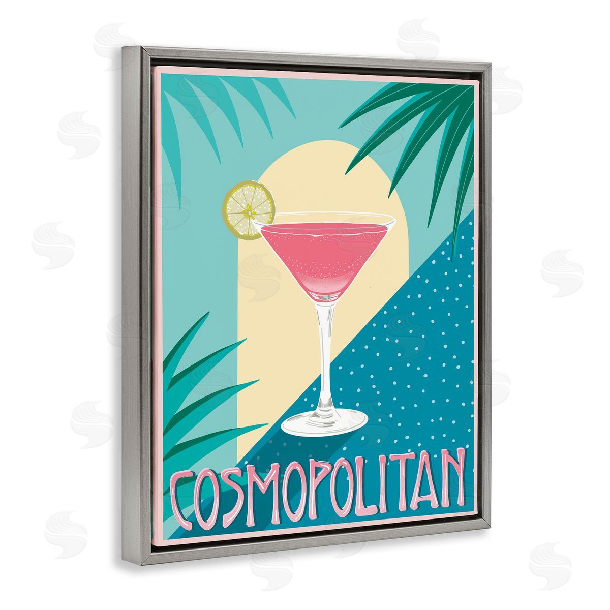 Jo Reid Cosmopolitan & Palm Leaves Gray Floating Frame Canvas Wall Art Print