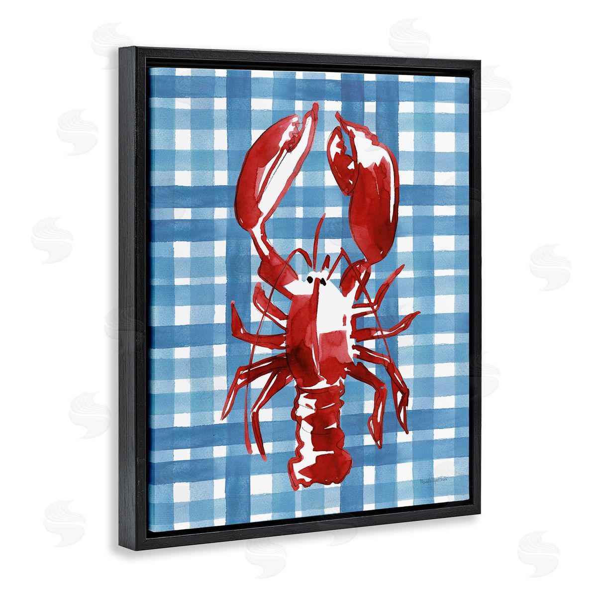 Coastal Lobster on Plaid Black Floating Frame Canvas Wall Art, Home Decor by Mercedes Lopez Charro
