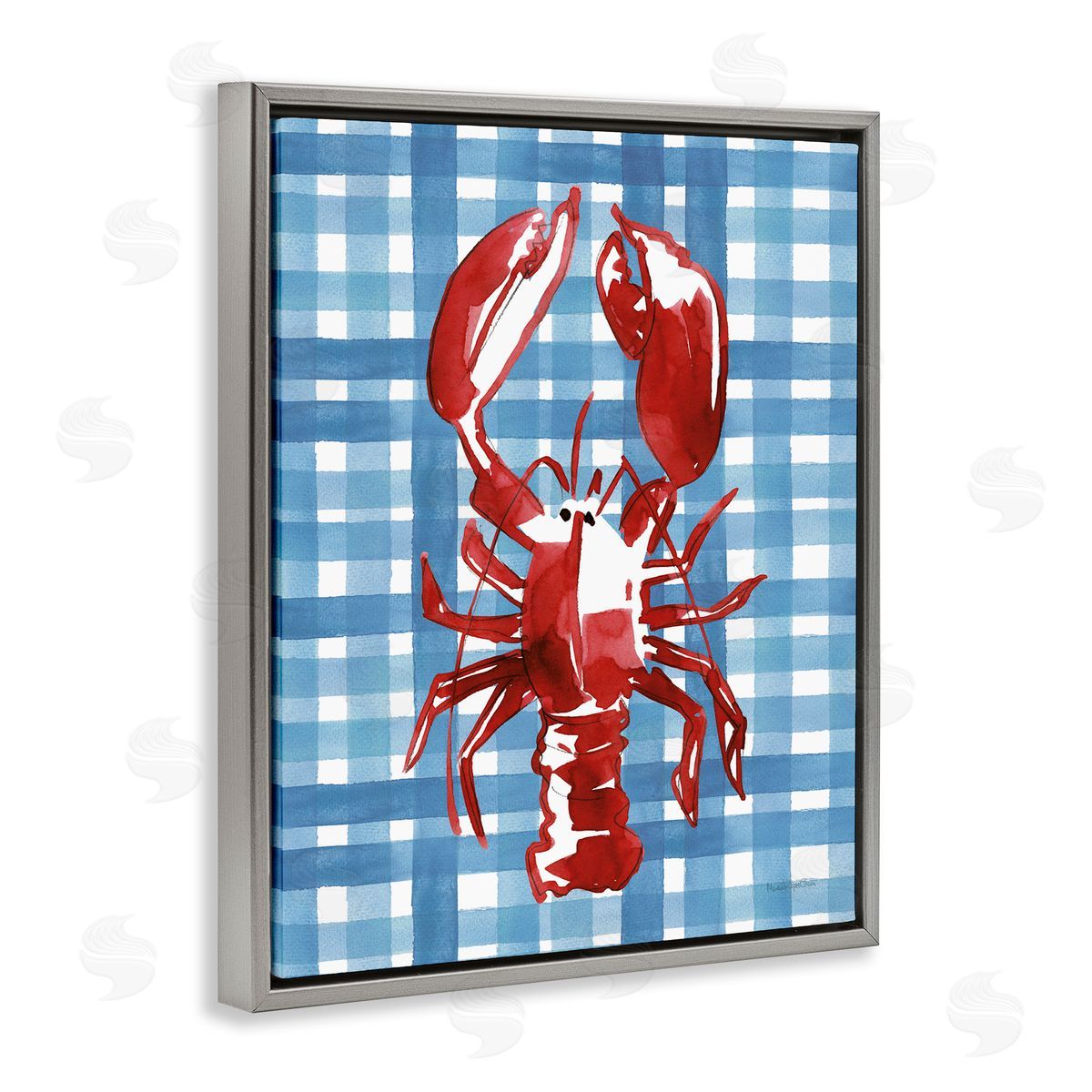 Coastal Lobster on Plaid Grey Floating Frame Canvas Wall Art, Home Decor by Mercedes Lopez Charro