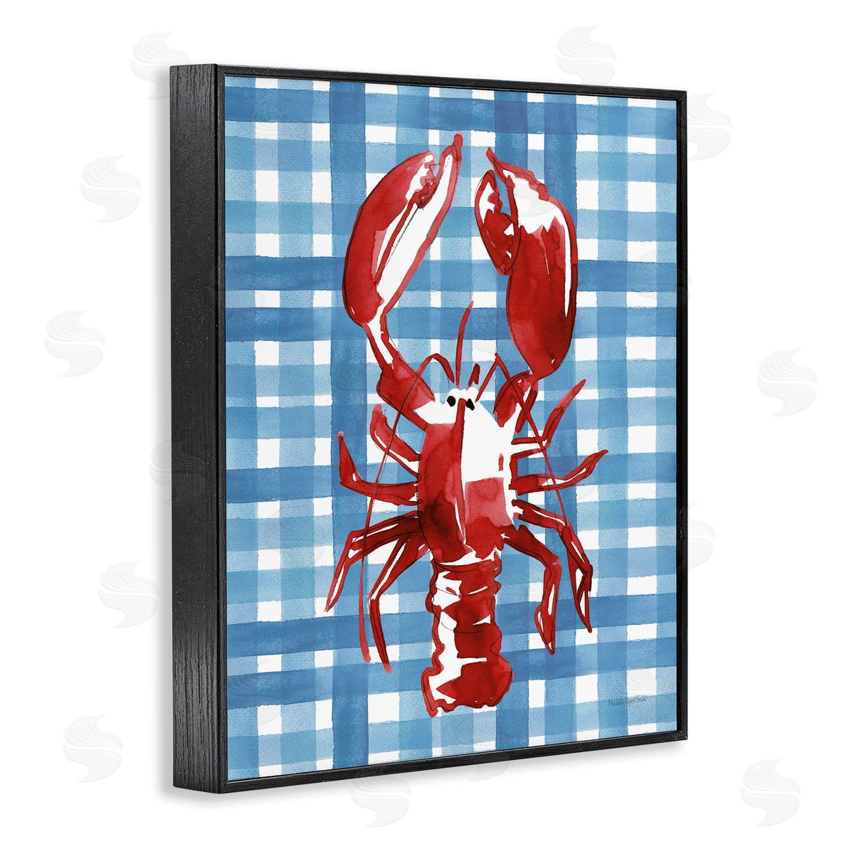 Coastal Lobster on Plaid Black Frame Print Wall Art, Home Decor by Mercedes Lopez Charro