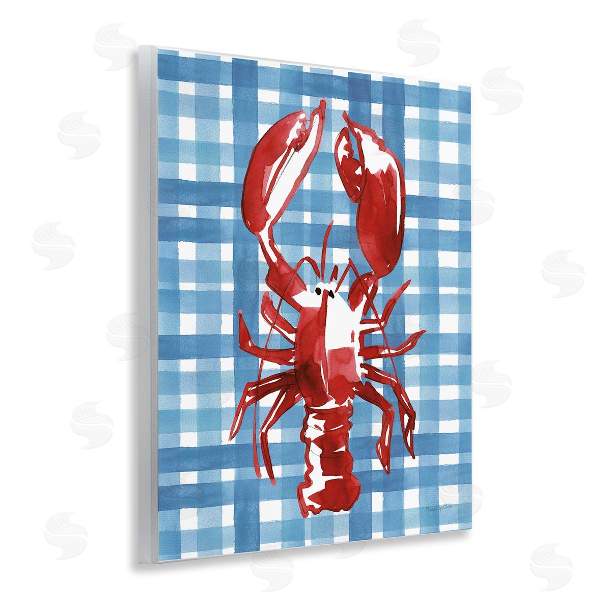 Coastal Lobster on Plaid Wood Plaque Wall Art, Home Decor by Mercedes Lopez Charro