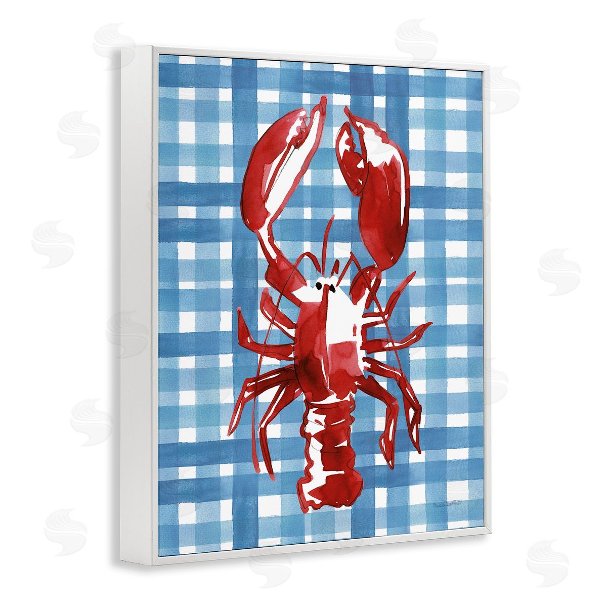 Coastal Lobster on Plaid White Frame Print Wall Art, Home Decor by Mercedes Lopez Charro