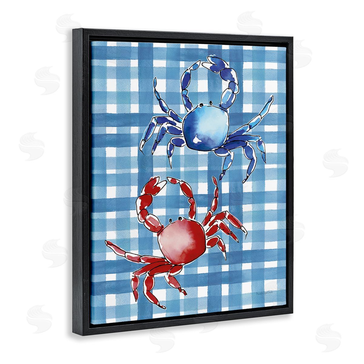 Coastal Crabs on Plaid Black Floating Frame Canvas Wall Art, Home Decor by Mercedes Lopez Charro