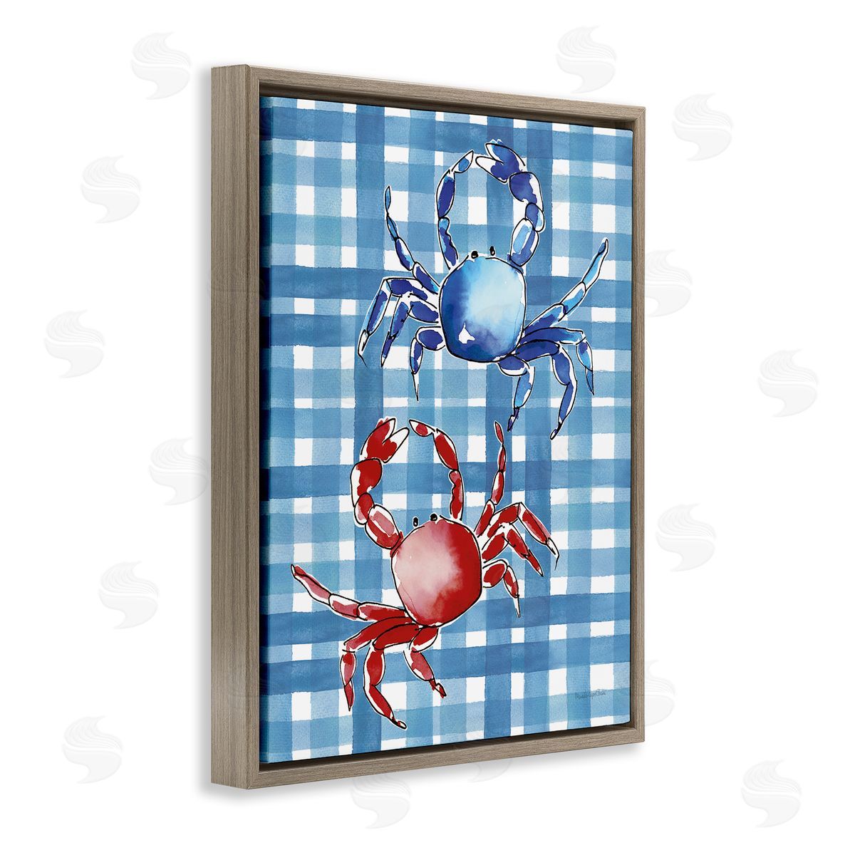 Coastal Crabs on Plaid Brown Floating Frame Canvas Wall Art, Home Decor by Mercedes Lopez Charro