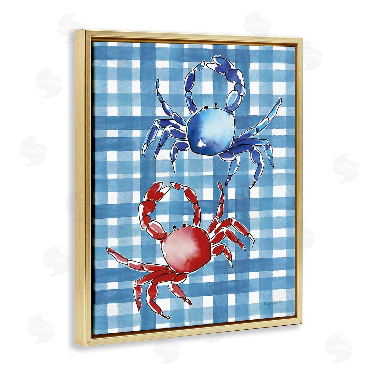 Coastal Crabs on Plaid Gold Floating Frame Canvas Wall Art, Home Decor by Mercedes Lopez Charro
