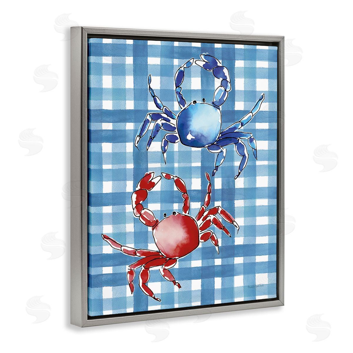 Coastal Crabs on Plaid Grey Floating Frame Canvas Wall Art, Home Decor by Mercedes Lopez Charro