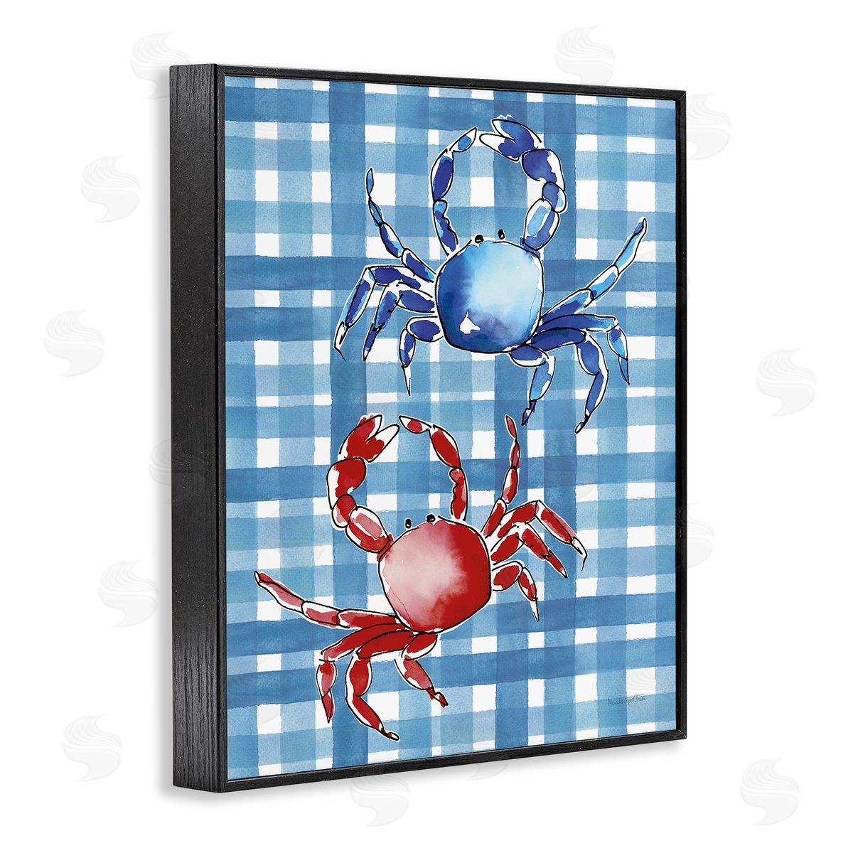 Coastal Crabs on Plaid Black Frame Print Wall Art, Home Decor by Mercedes Lopez Charro