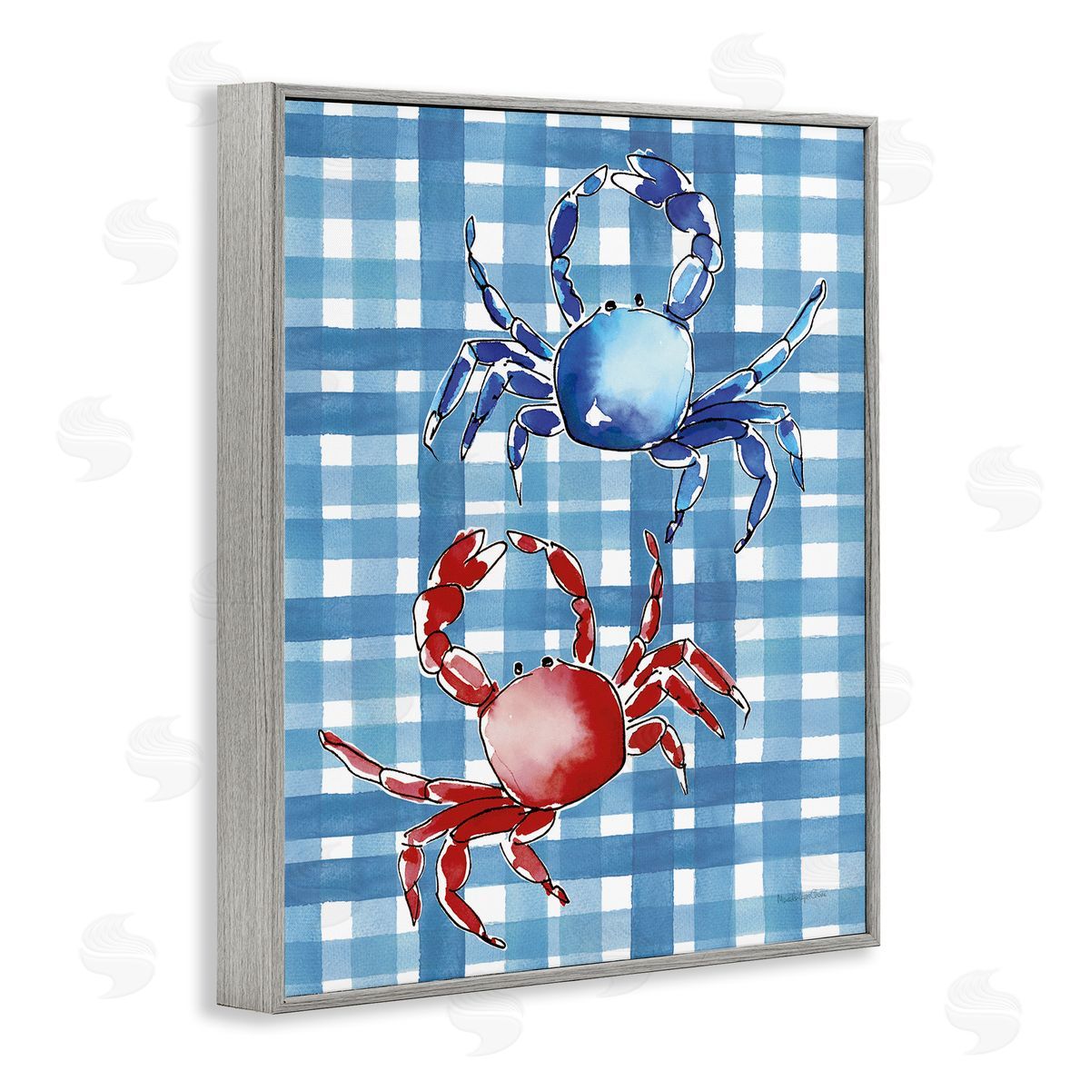 Coastal Crabs on Plaid Grey Frame Print Wall Art, Home Decor by Mercedes Lopez Charro