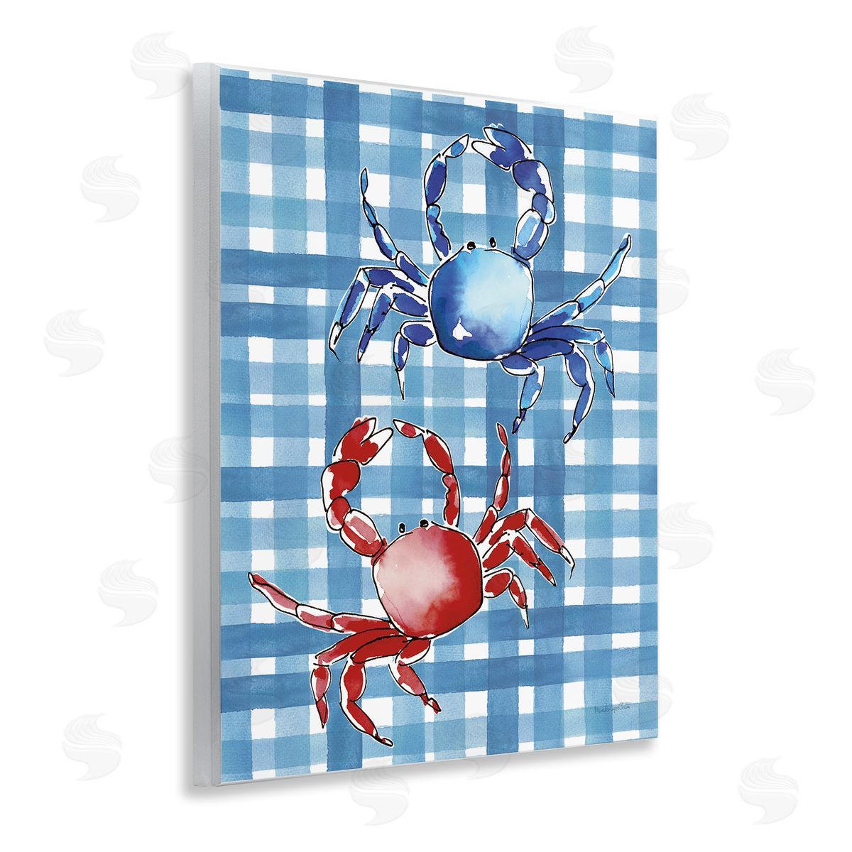 Coastal Crabs on Plaid Wood Plaque Wall Art, Home Decor by Mercedes Lopez Charro