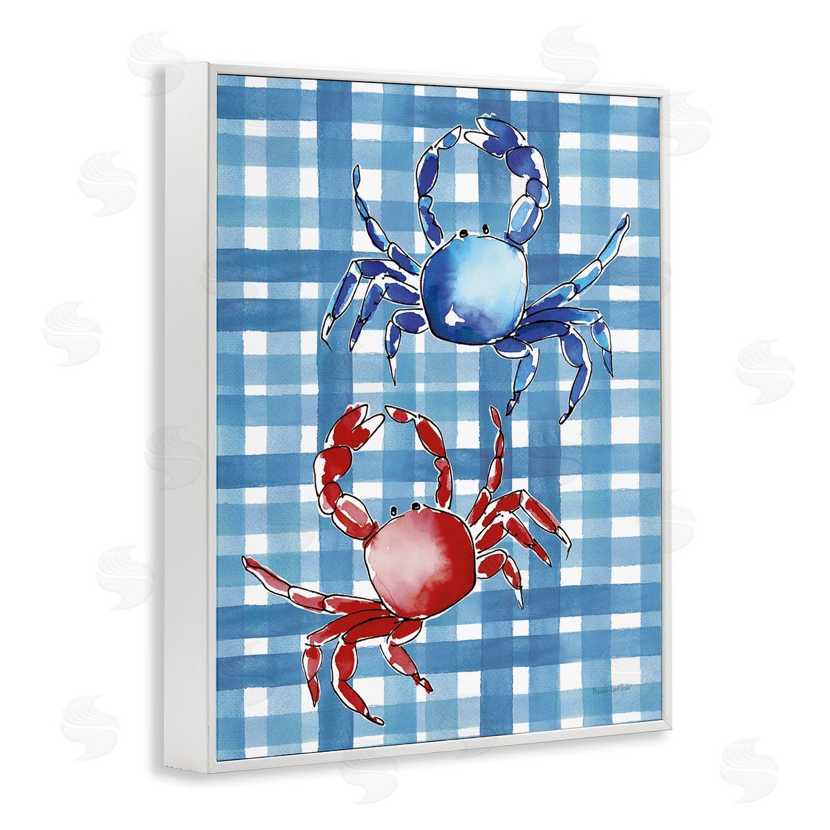 Coastal Crabs on Plaid White Frame Print Wall Art, Home Decor by Mercedes Lopez Charro