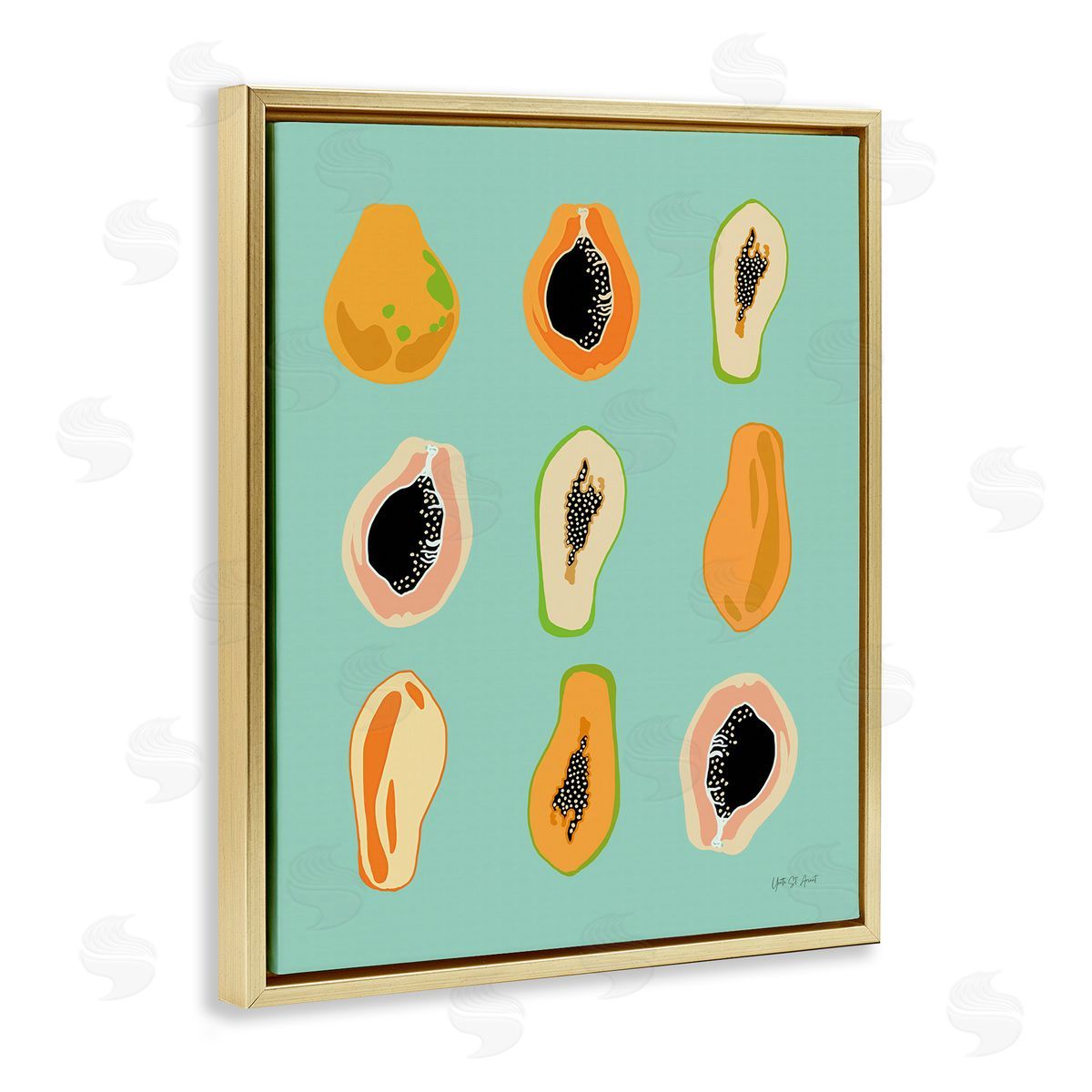 Papaya Fruits on Blue Gold Floating Frame Canvas Wall Art, Home Decor by Yvette St. Amant