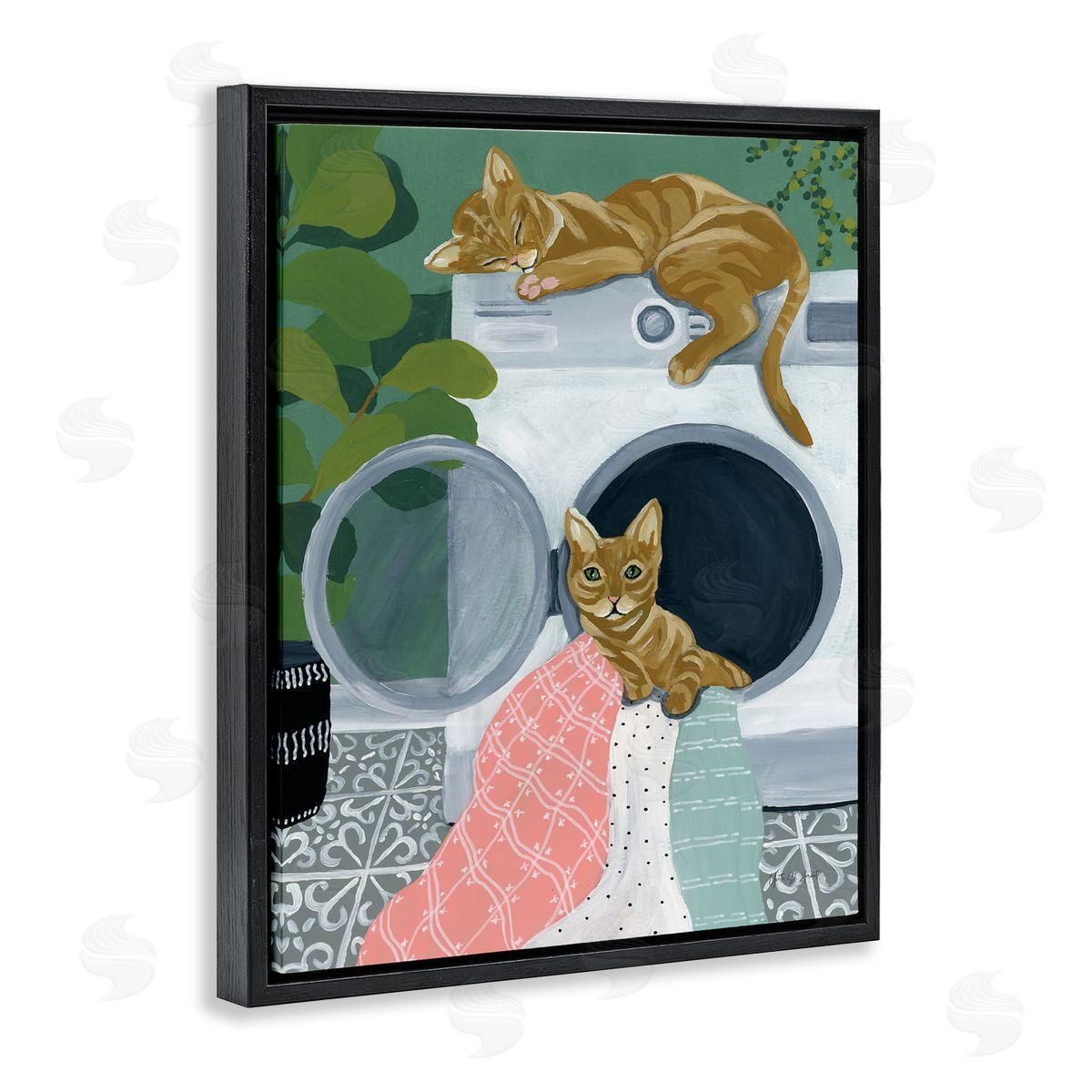 Cuddling Laundry Cats Black Floating Frame Canvas Wall Art, Home Decor by Yvette St. Amant