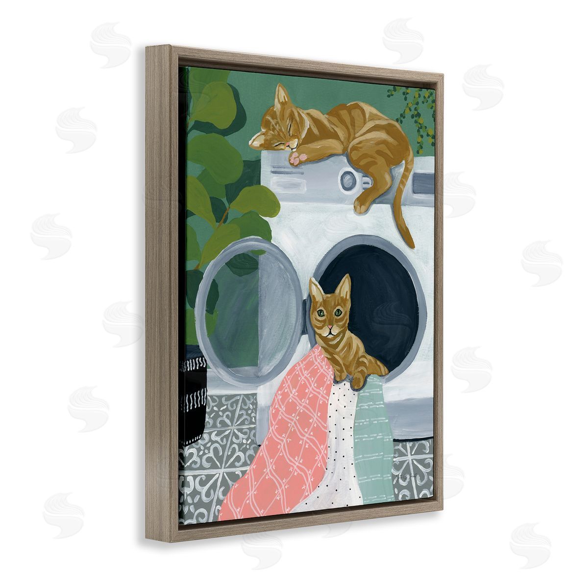 Cuddling Laundry Cats Brown Floating Frame Canvas Wall Art, Home Decor by Yvette St. Amant