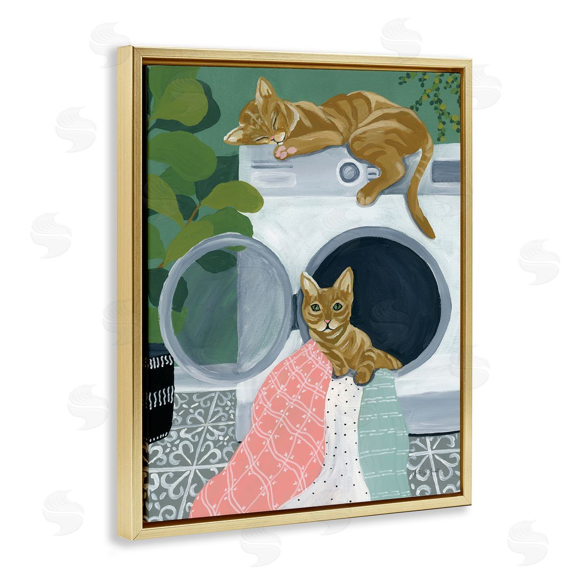 Cuddling Laundry Cats Gold Floating Frame Canvas Wall Art, Home Decor by Yvette St. Amant