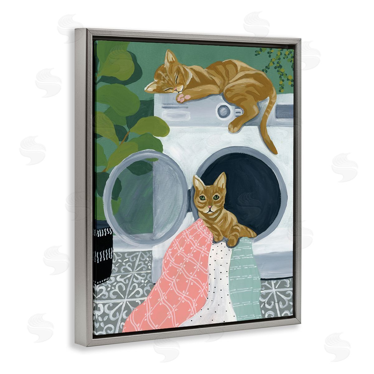 Cuddling Laundry Cats Grey Floating Frame Canvas Wall Art, Home Decor by Yvette St. Amant