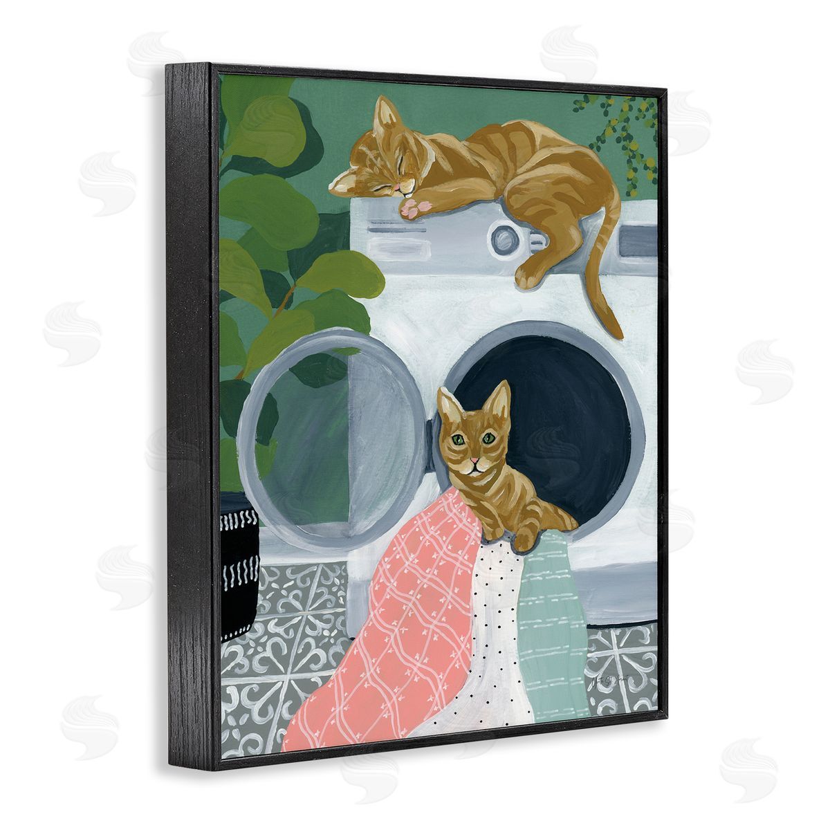 Cuddling Laundry Cats Black Frame Print Wall Art, Home Decor by Yvette St. Amant