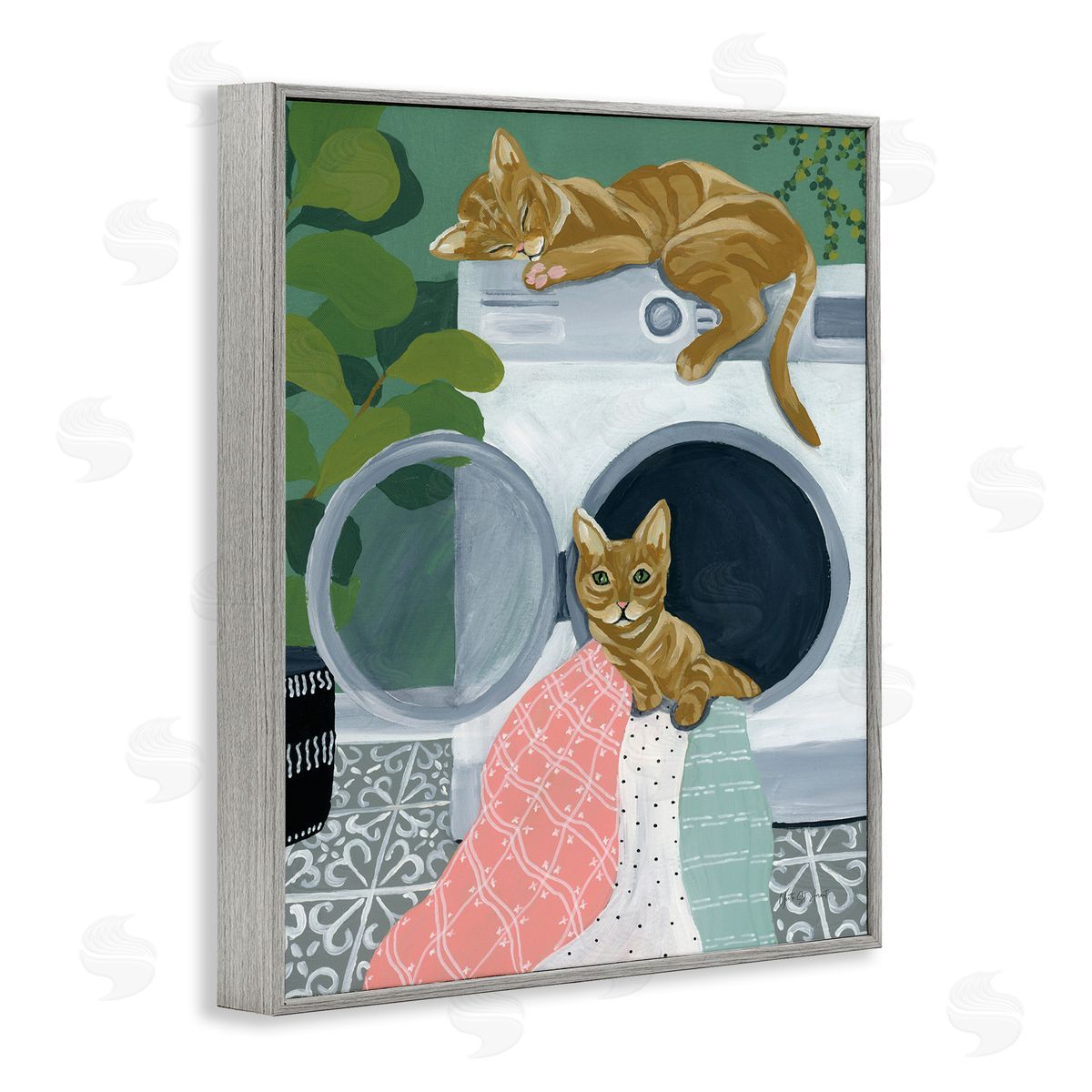 Cuddling Laundry Cats Grey Frame Print Wall Art, Home Decor by Yvette St. Amant