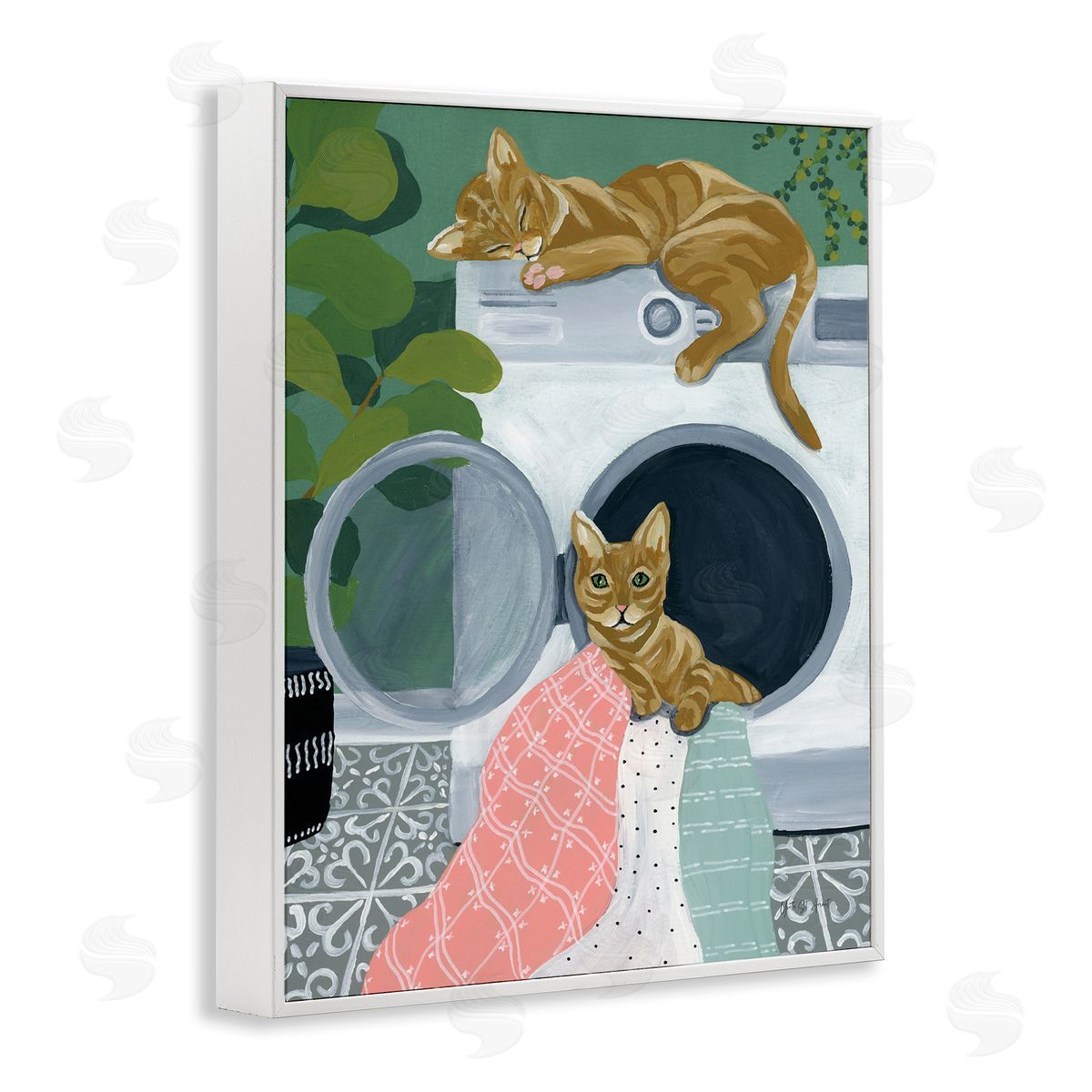 Cuddling Laundry Cats White Frame Print Wall Art, Home Decor by Yvette St. Amant