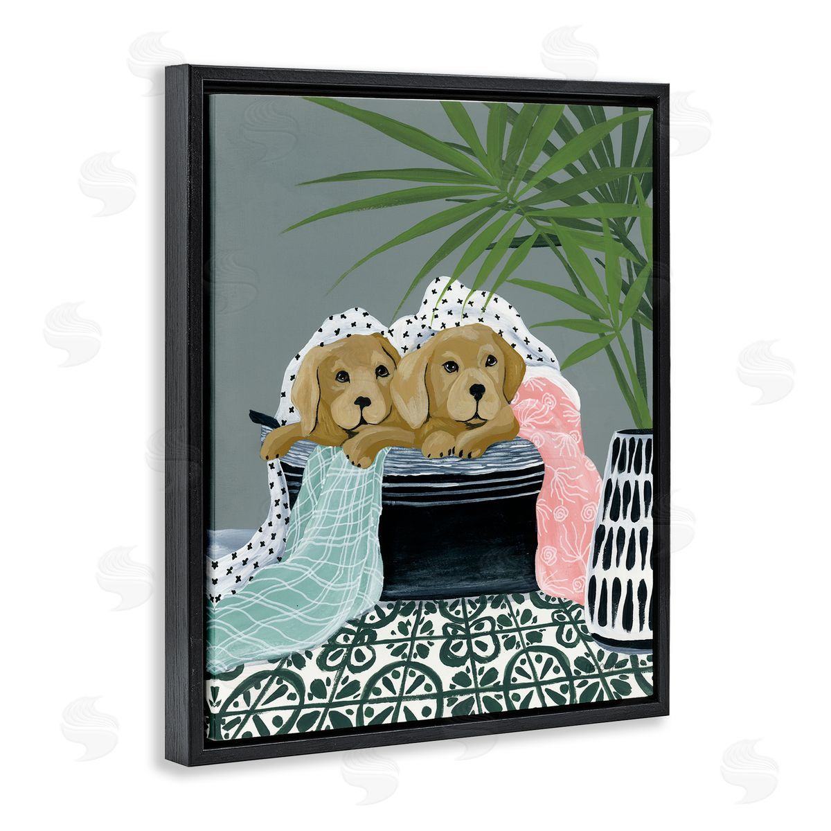 Cuddling Laundry Dogs Black Floating Frame Canvas Wall Art, Home Decor by Yvette St. Amant