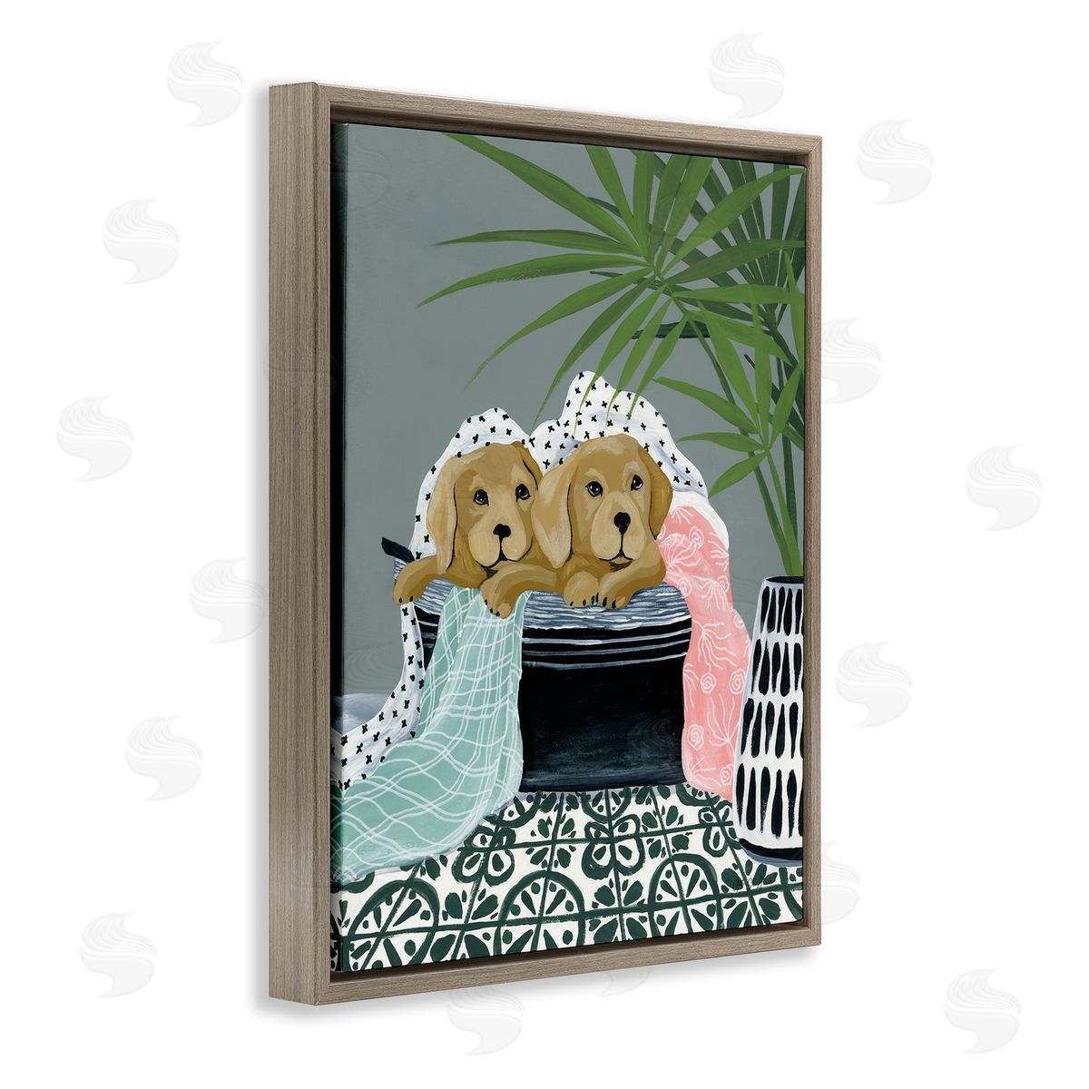 Cuddling Laundry Dogs Brown Floating Frame Canvas Wall Art, Home Decor by Yvette St. Amant