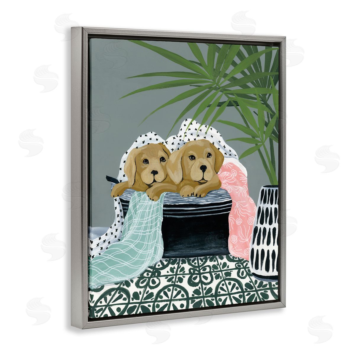 Cuddling Laundry Dogs Grey Floating Frame Canvas Wall Art, Home Decor by Yvette St. Amant