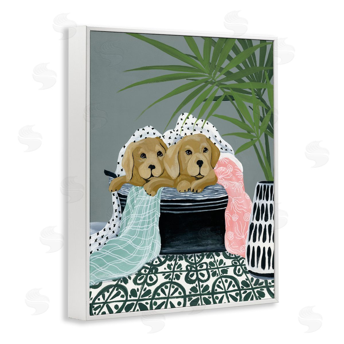 Cuddling Laundry Dogs White Frame Print Wall Art, Home Decor by Yvette St. Amant