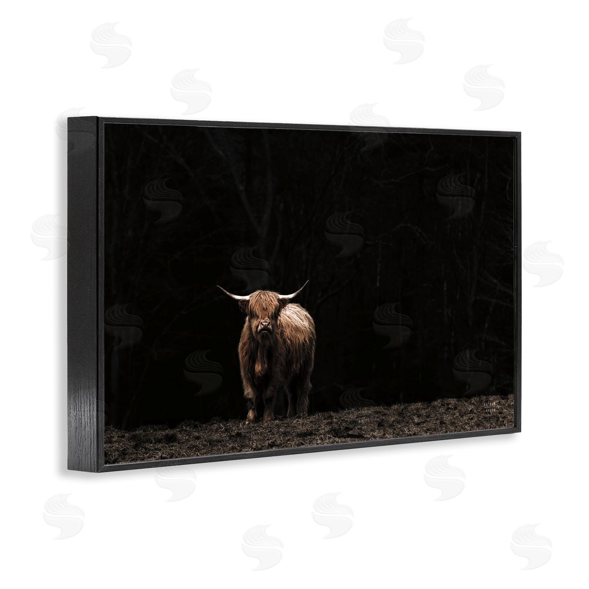 Dark Contrast Highland Cow Black Frame Print Wall Art, Home Decor by Nathan Larson
