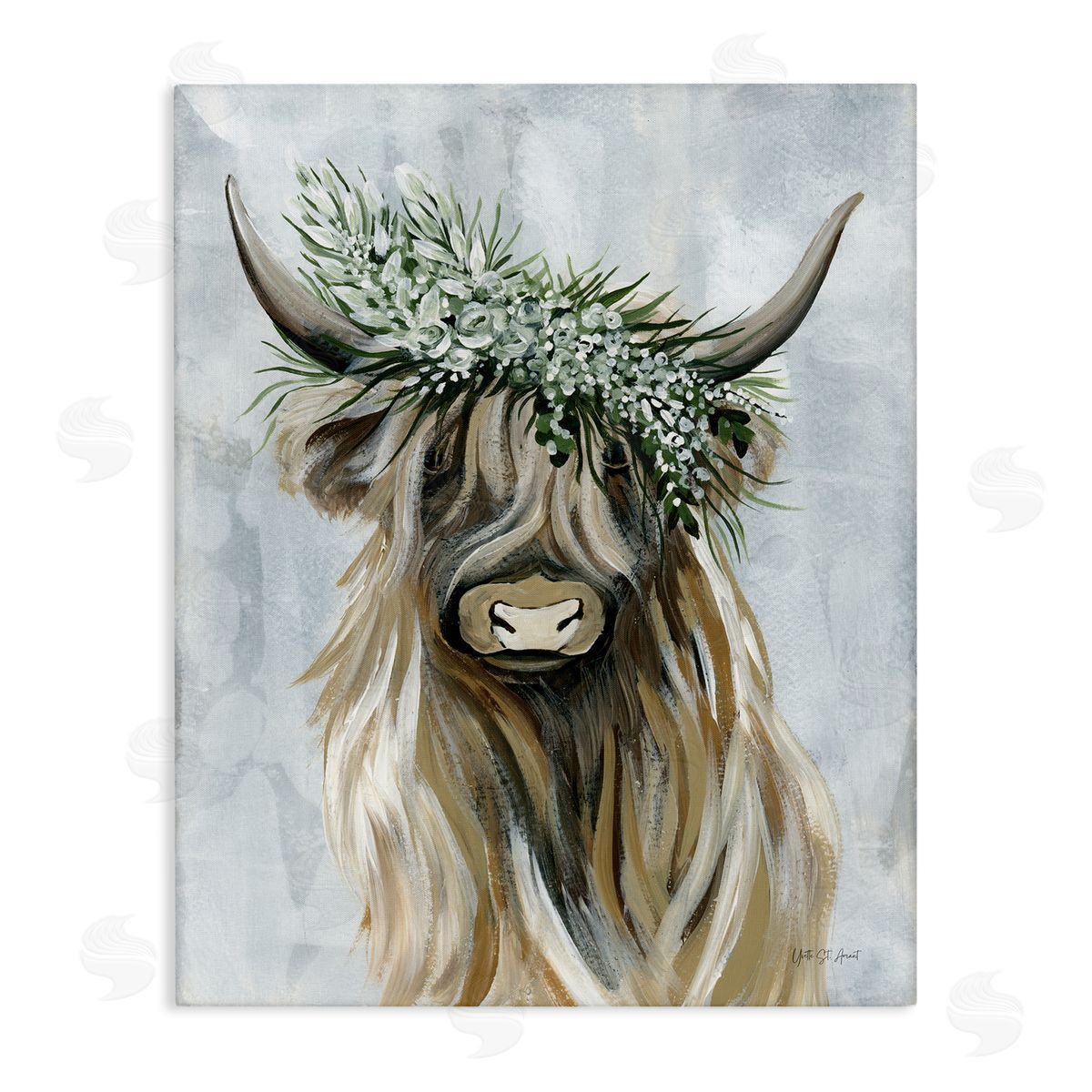 Floral Crowned Bovine Canvas Wall Art, Home Decor by Yvette St. Amant