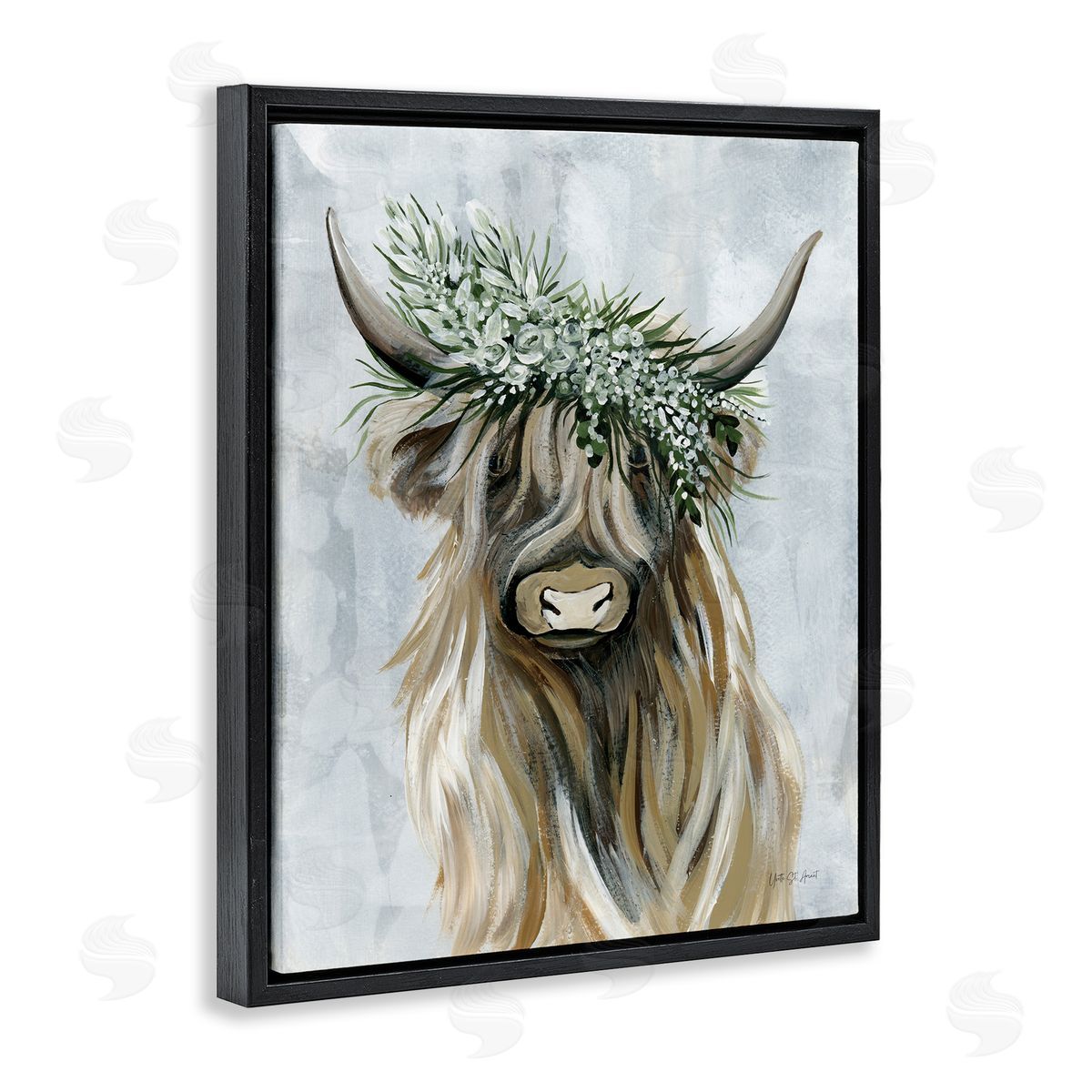 Floral Crowned Bovine Black Floating Frame Canvas Wall Art, Home Decor by Yvette St. Amant