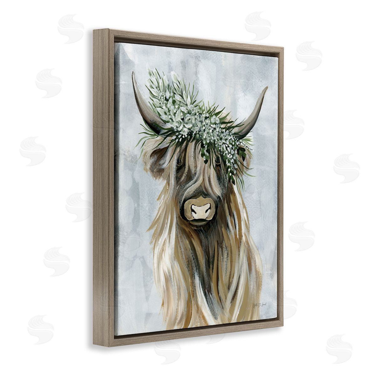 Floral Crowned Bovine Brown Floating Frame Canvas Wall Art, Home Decor by Yvette St. Amant