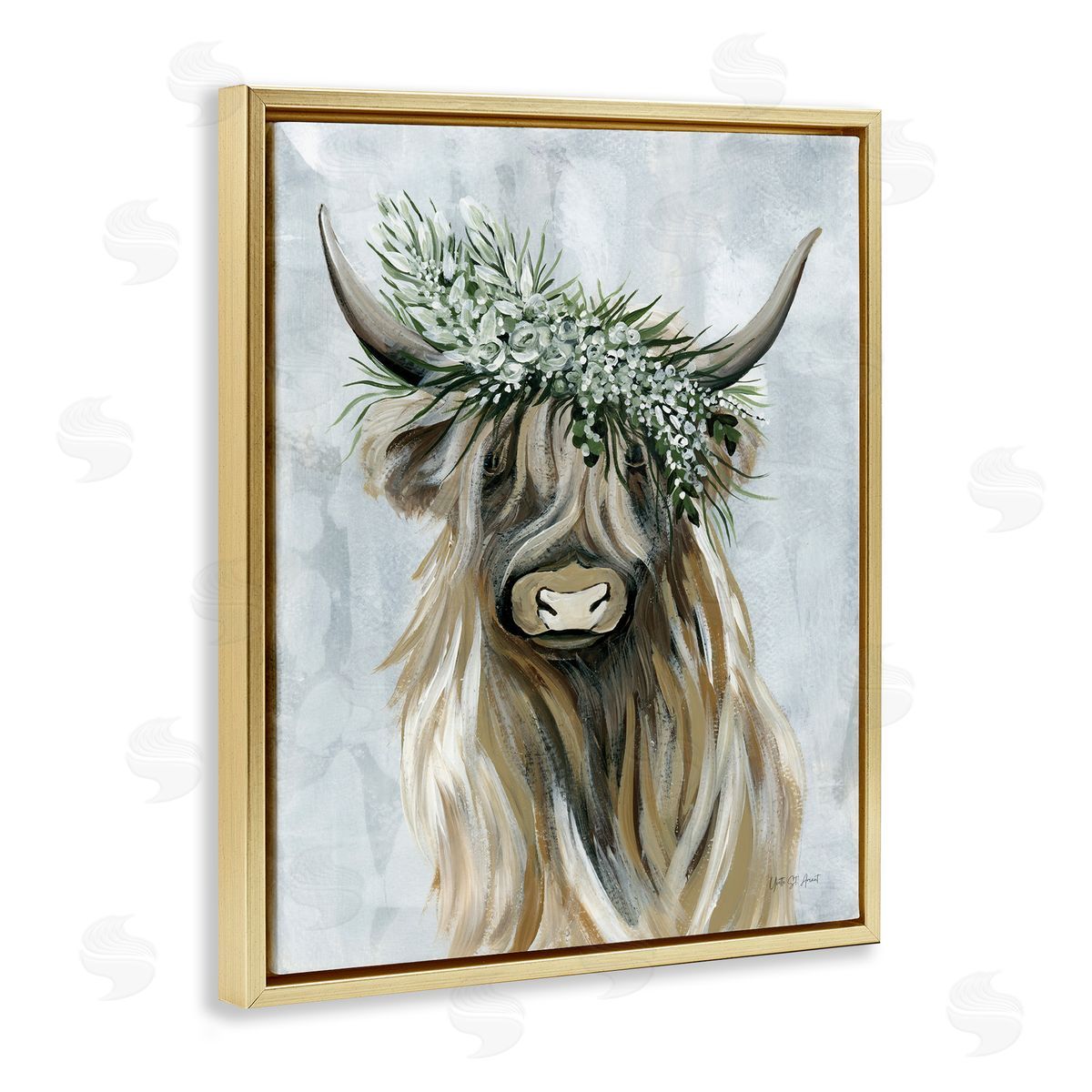 Floral Crowned Bovine Gold Floating Frame Canvas Wall Art, Home Decor by Yvette St. Amant