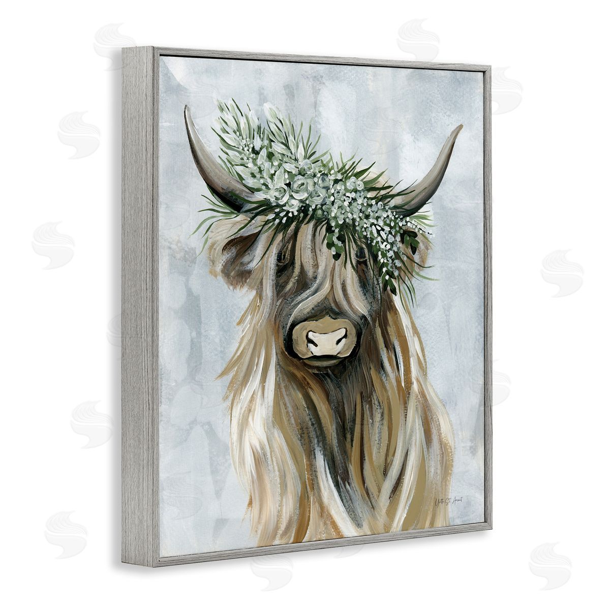 Floral Crowned Bovine Grey Frame Print Wall Art, Home Decor by Yvette St. Amant