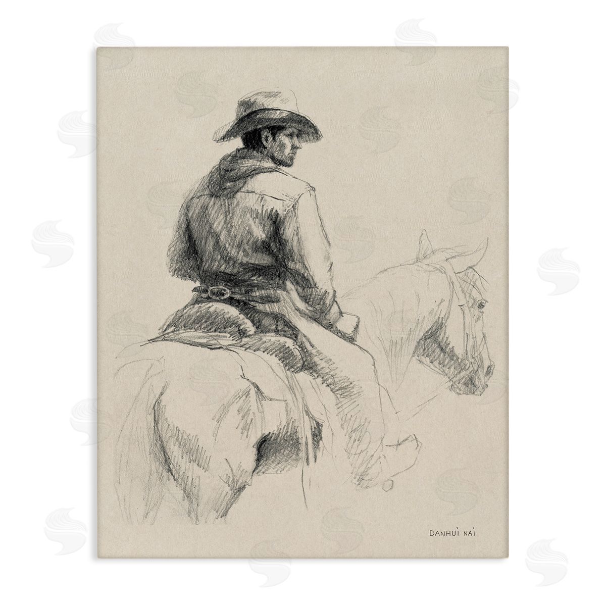 Cowboy & Horse Sketch Canvas Wall Art, Home Decor by Danhui Nai