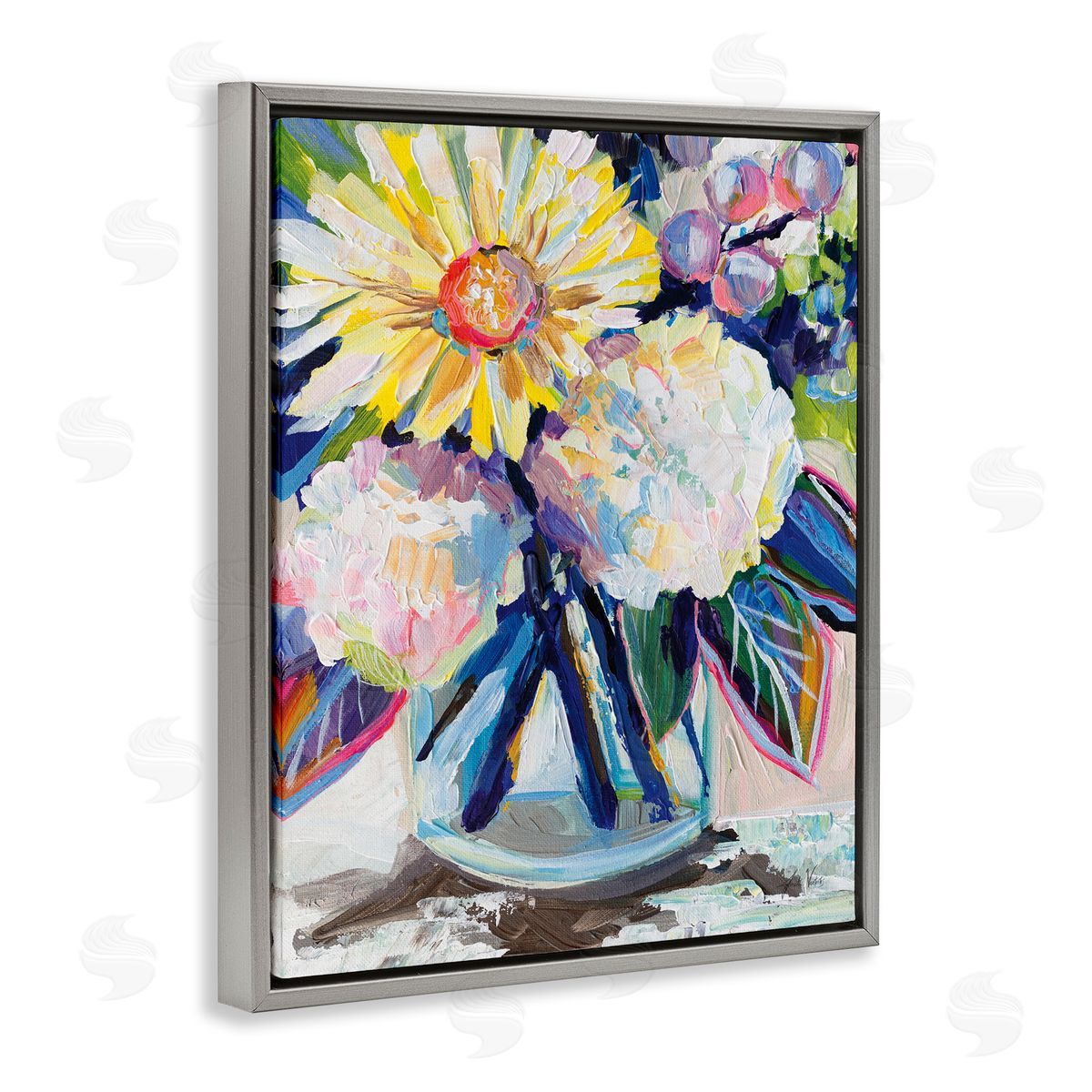 Yearning Mixed Bouquet Grey Floating Frame Canvas Wall Art, Home Decor by Jeanette Vertentes