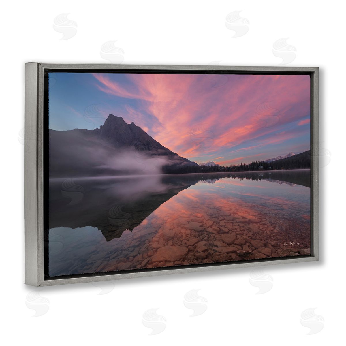 Emerald Lake Sunset Grey Floating Frame Canvas Wall Art, Home Decor by Alan Majchrowicz