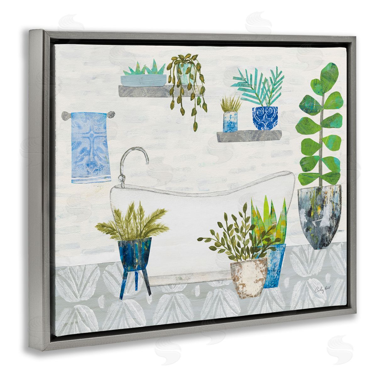 Rustic Botanical Bathroom Grey Floating Frame Canvas Wall Art, Home Decor by Courtney Prahl