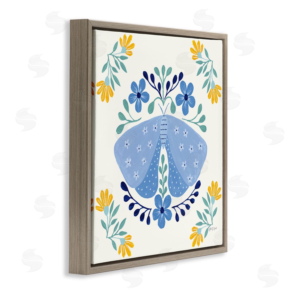 Blue Folk Butterfly Brown Floating Frame Canvas Wall Art, Home Decor by Yvette St. Amant