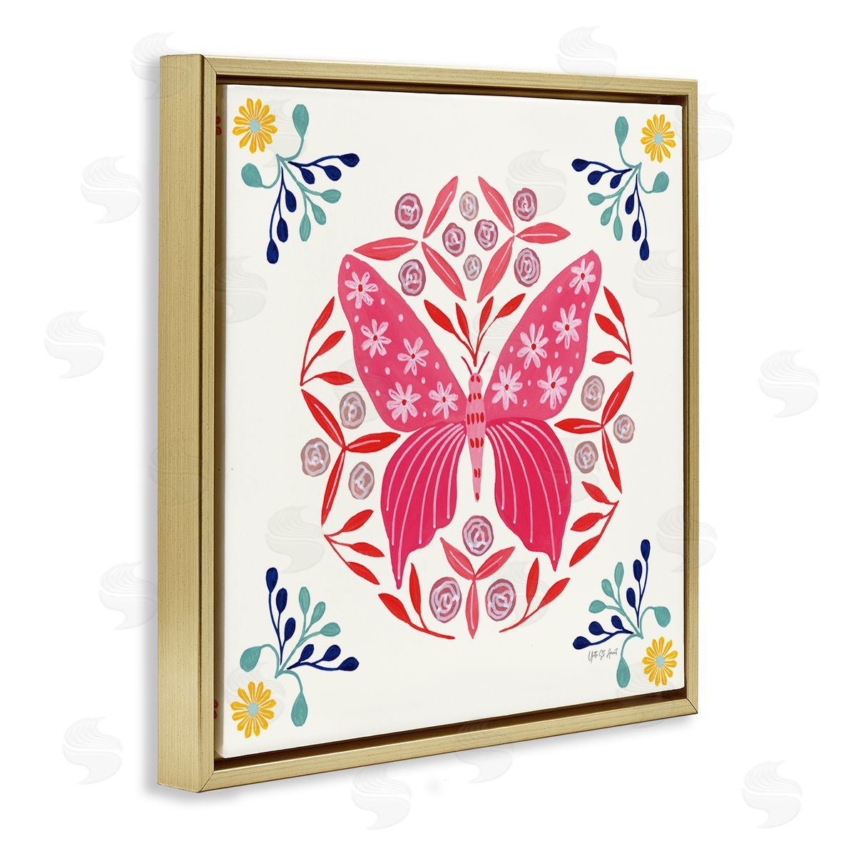 Pink Folk Butterfly Gold Floating Frame Canvas Wall Art, Home Decor by Yvette St. Amant