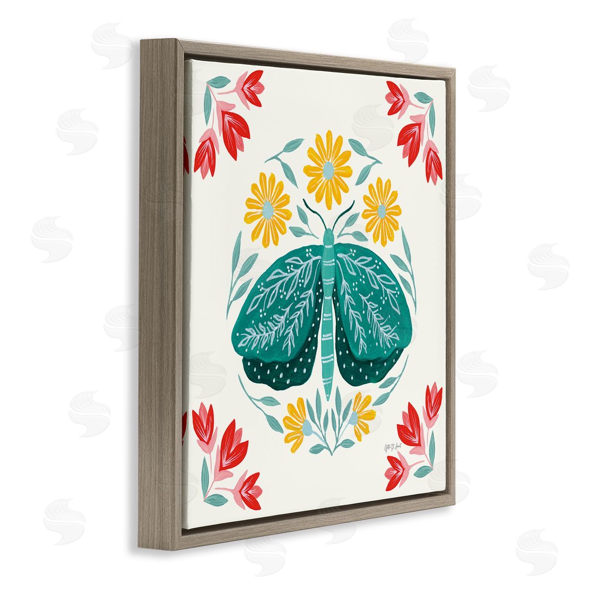 Green Folk Butterfly Brown Floating Frame Canvas Wall Art, Home Decor by Yvette St. Amant