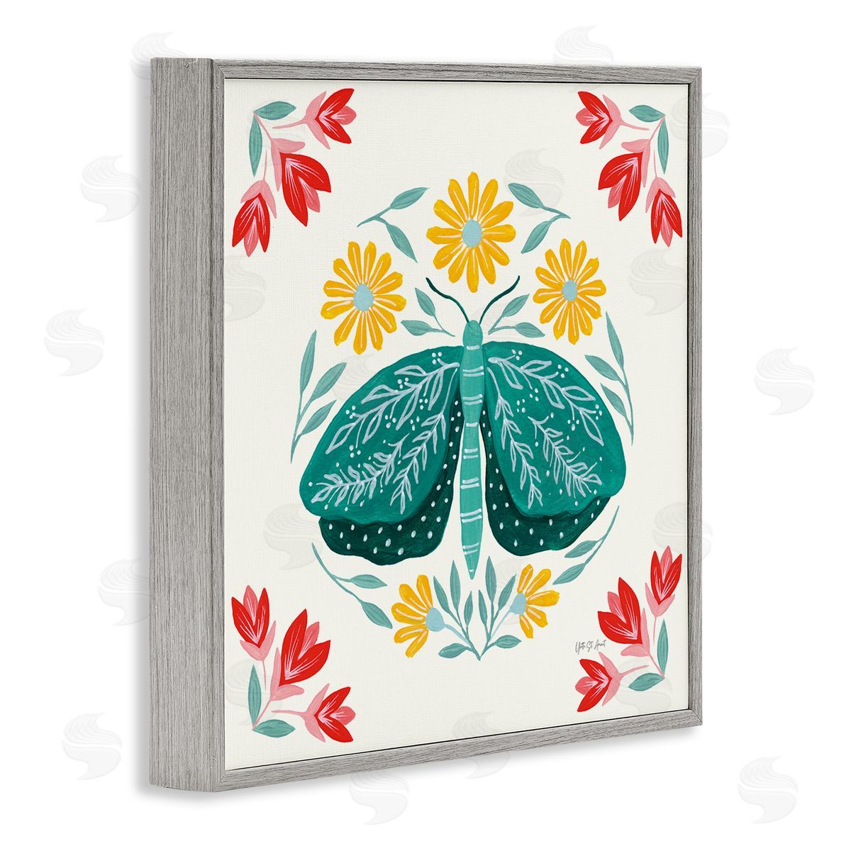 Green Folk Butterfly Grey Frame Print Wall Art, Home Decor by Yvette St. Amant