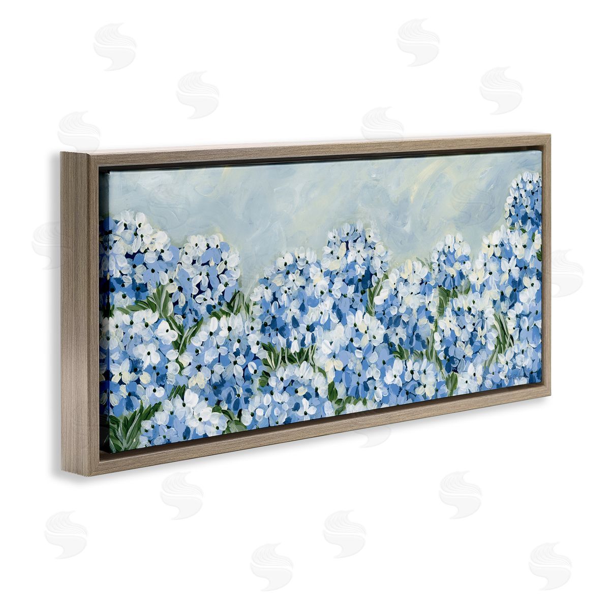 Blue Hydrangea Meadow Brown Floating Frame Canvas Wall Art, Home Decor by Yvette St. Amant