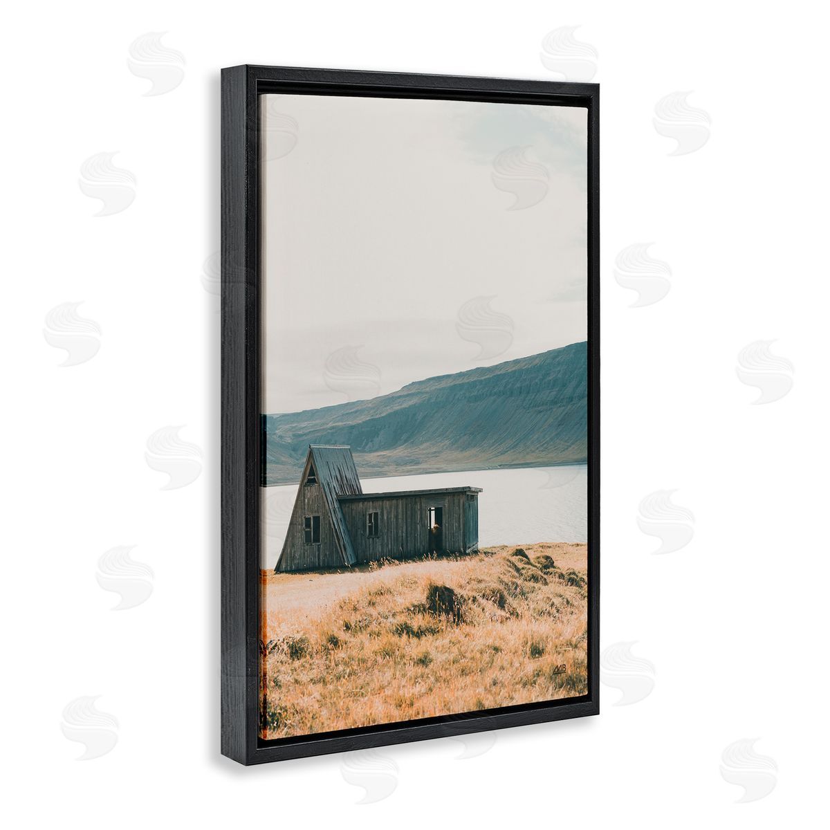 Iceland Shore Cottage Black Floating Frame Canvas Wall Art, Home Decor by Max Blakesberg Studios