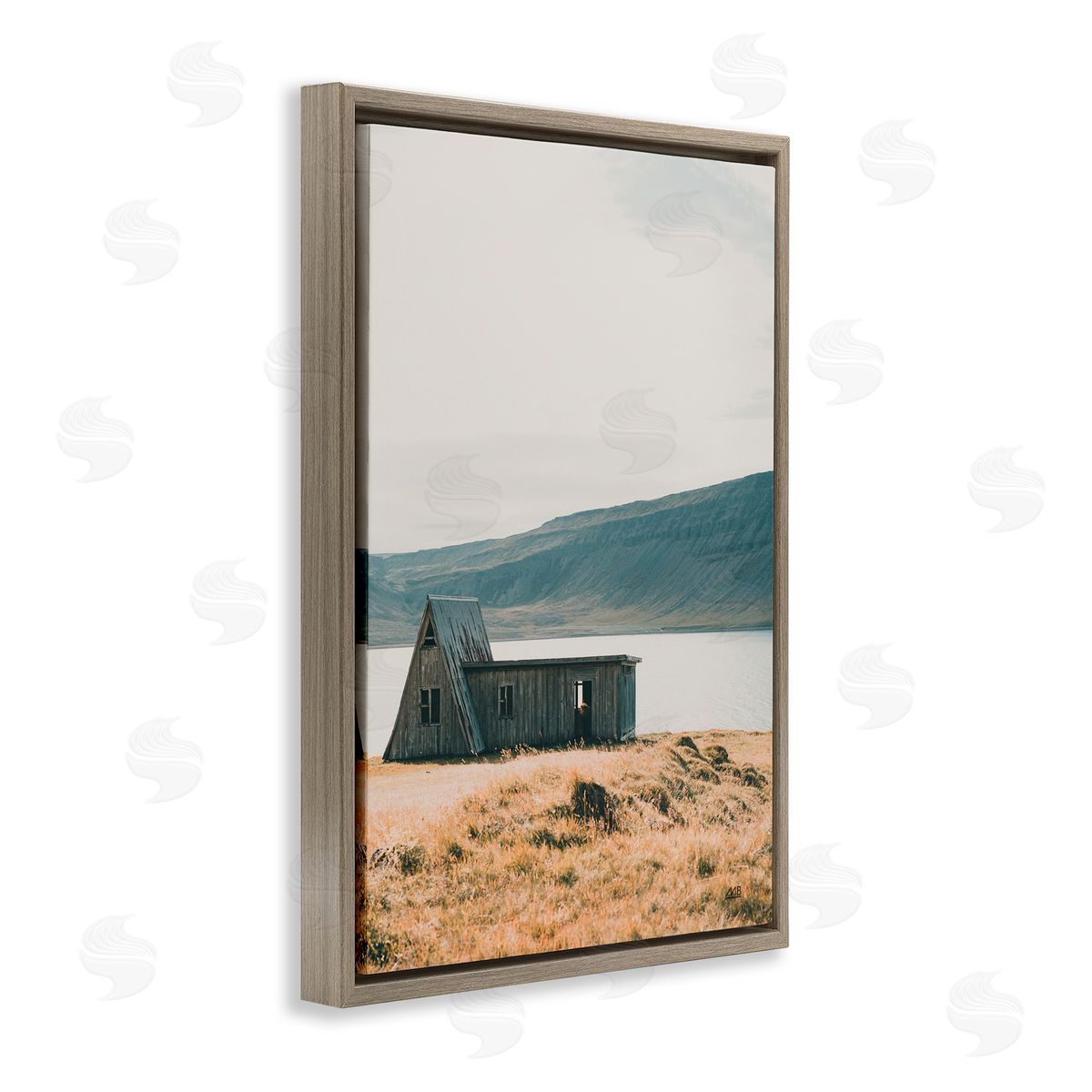 Iceland Shore Cottage Brown Floating Frame Canvas Wall Art, Home Decor by Max Blakesberg Studios