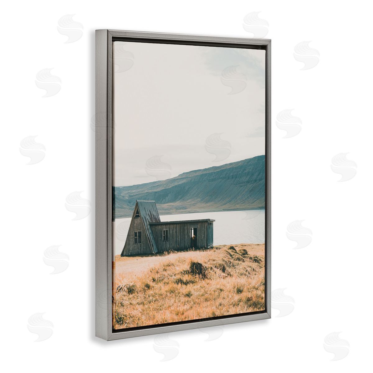 Iceland Shore Cottage Grey Floating Frame Canvas Wall Art, Home Decor by Max Blakesberg Studios