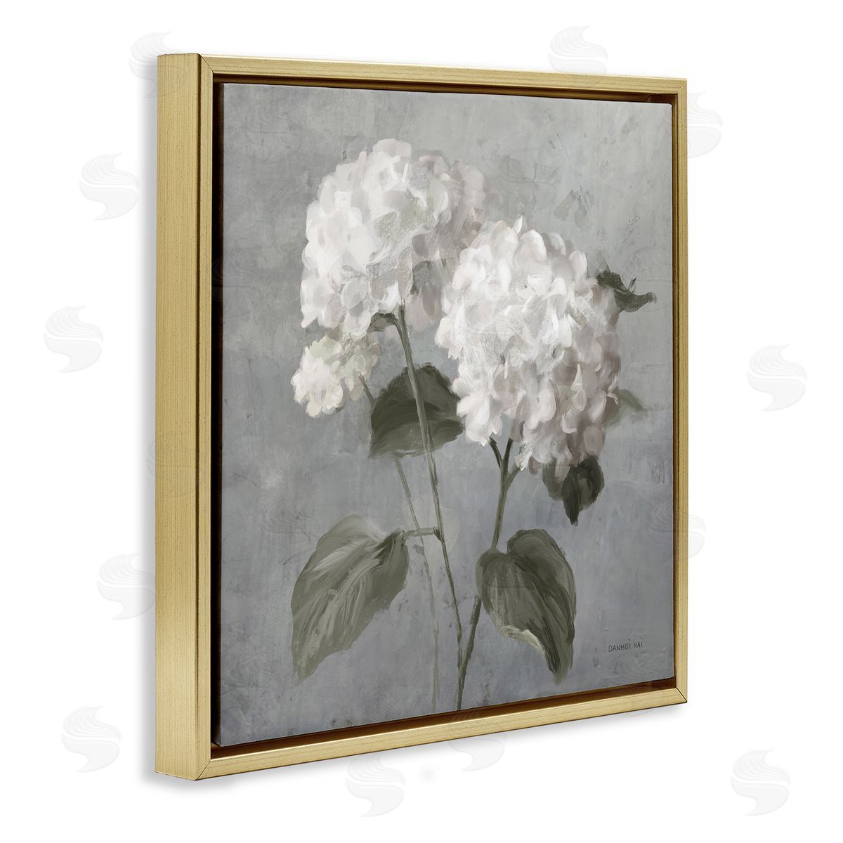 White Hydrangeas Pair Gold Floating Frame Canvas Wall Art, Home Decor by Danhui Nai